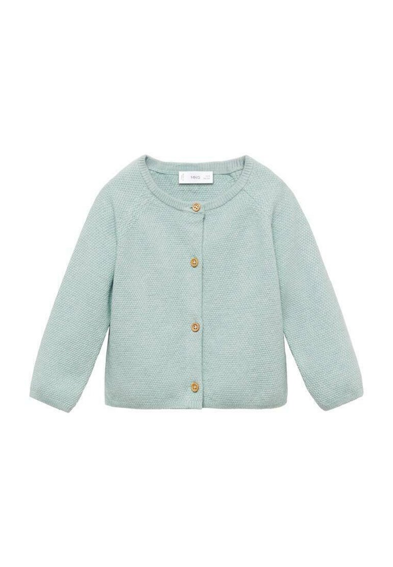 Cardigan lavorato a maglia di un azzurro chiaro con maniche lunghe, scollo tondo e bottoni in legno. Presenta un tessuto strutturato e un design dal taglio rilassato.