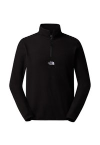 Pulóver de forro polar negro con media cremallera, mangas largas y un pequeño logo blanco en el pecho, con una textura suave y lisa.