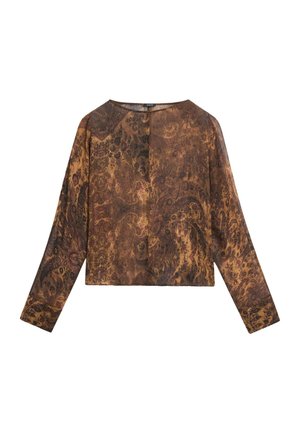 Top a maniche lunghe in tessuto trasparente con motivo paisley floreale marrone e scuro. La forma squadrata e la scollatura rotonda completano il design.