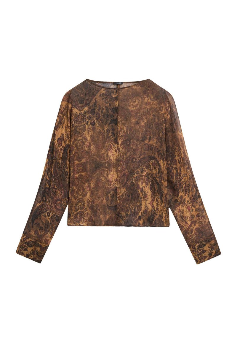 Langärmeliges Oberteil aus transparentem Stoff mit einem braunen und dunkelblauen floralen Paisley-Muster. Die kastige Form und der runde Ausschnitt ergänzen das Design.