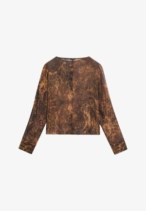 Top met lange mouwen van doorzichtig stof met een bruin en donker bloemig paisleymotief. Een vierkante pasvorm en een ronde halslijn maken het ontwerp compleet.