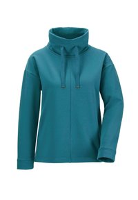 Teal pullover sweatshirt met hoge kraag, lange mouwen, verstelbare trekkoorden en een gladde textuur. Heeft een strakke, moderne uitstraling.