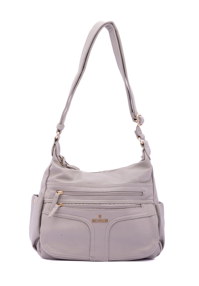 Sac à épaule en cuir gris avec une seule bandoulière, plusieurs poches zippées et des garnitures en ton doré. Texture douce avec un détail de couture.