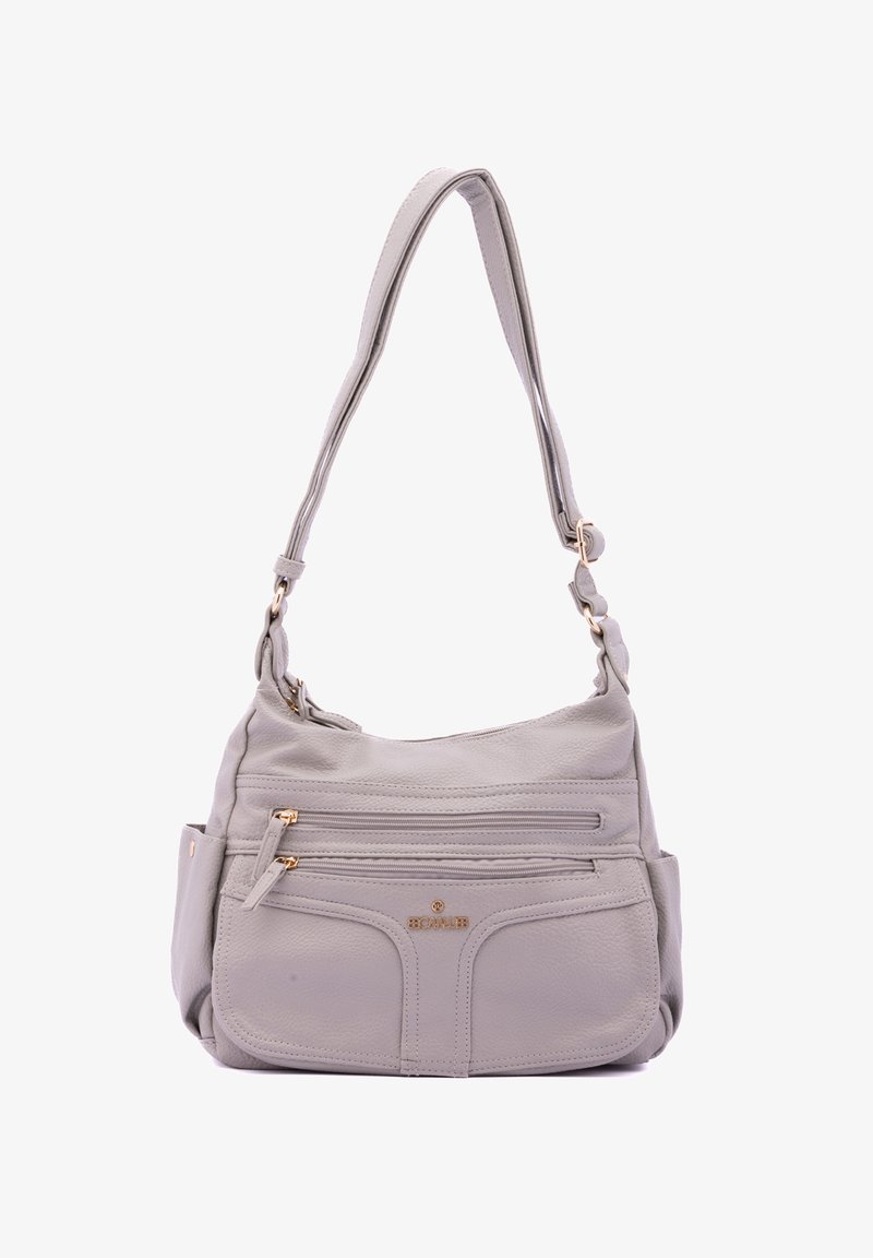 Grijze leren schoudertas met een enkele schouderriem, meerdere met rits sluitende vakken en hardware in goudkleur. Zachte textuur met gestikte details.