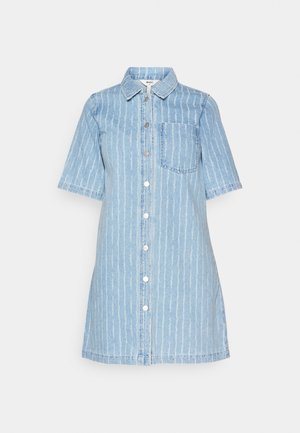 Light blue denim dress with short sleeves, vertical white stripes, collared neckline, front button closure, and a single chest pocket.