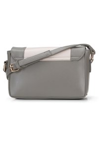 Borsa a tracolla grigia e beige realizzata in pelle sintetica, caratterizzata da un design piatto, una tracolla regolabile e dettagli in metallo dorato.