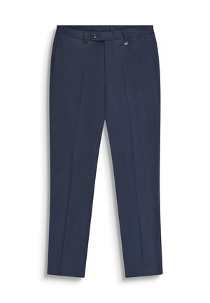 Marineblaue, maßgeschneiderte Hose mit Bügelfalte vorne, Gürtelschlaufen, Knopfverschluss und Seitentaschen, flach auf weißem Hintergrund präsentiert.