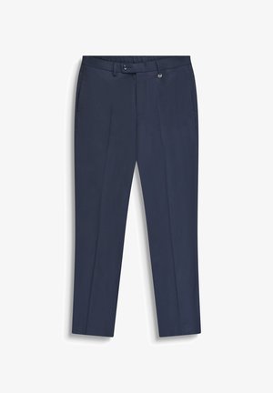 Marineblaue, maßgeschneiderte Hose mit Bügelfalte vorne, Gürtelschlaufen, Knopfverschluss und Seitentaschen, flach auf weißem Hintergrund präsentiert.
