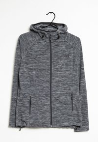 Grijze hoodie met een gemêleerde stof, een frontale rits en twee zijzakken. Bevat een trekkoord bij de capuchon en een logo op de borst.
