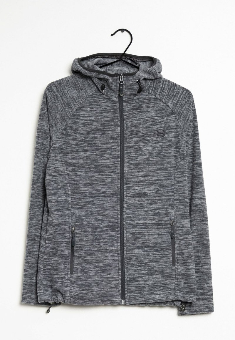 Grijze hoodie met een gemêleerde stof, een frontale rits en twee zijzakken. Bevat een trekkoord bij de capuchon en een logo op de borst.