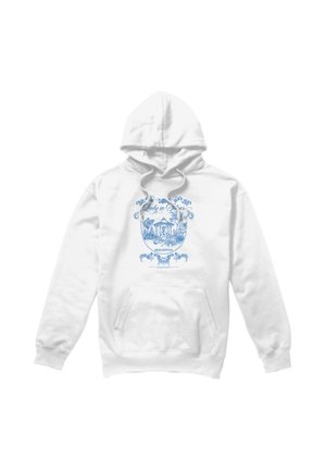 White hooded sweatshirt with blue vintage-style garden scene and text reading "Lady in Time" and "Bridgerton" on the front.
