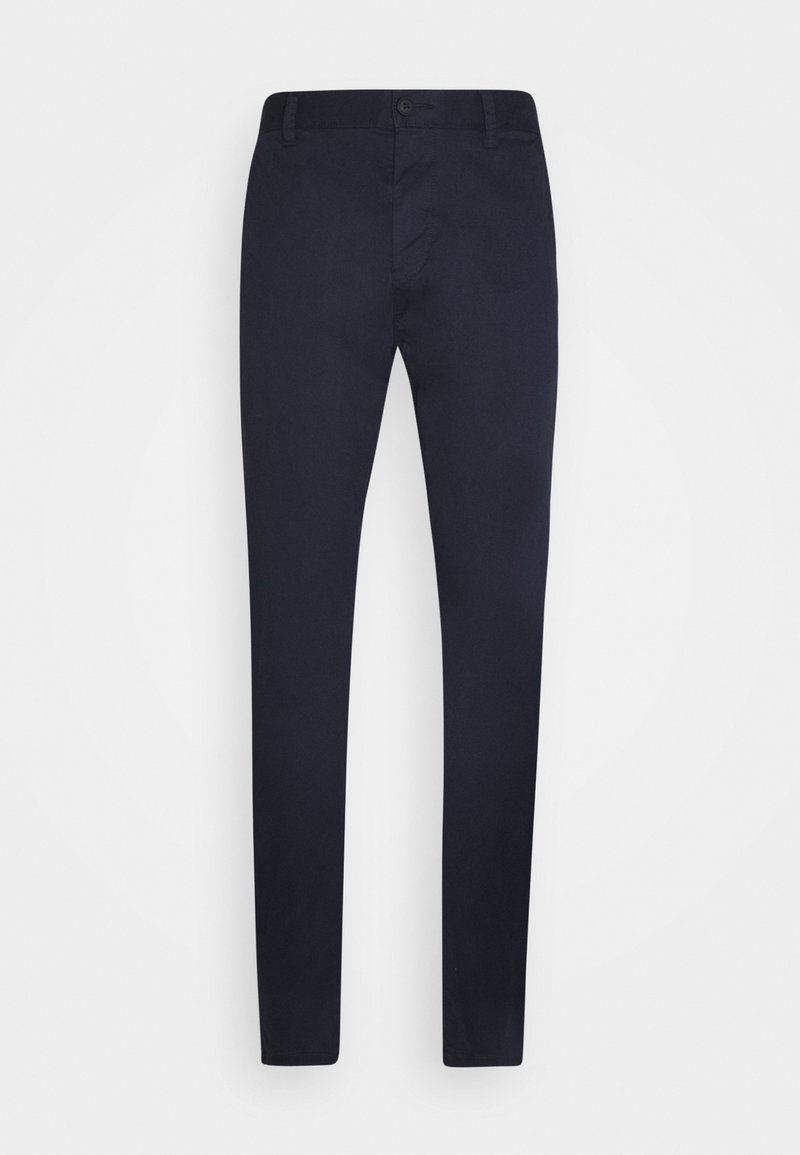 Marineblaue Chinos aus Baumwollmischung. Sie verfügen über einen Knopf- und Reißverschlussbund, zwei Fronttaschen und ein schlankes, gerade geschnittenes Design.