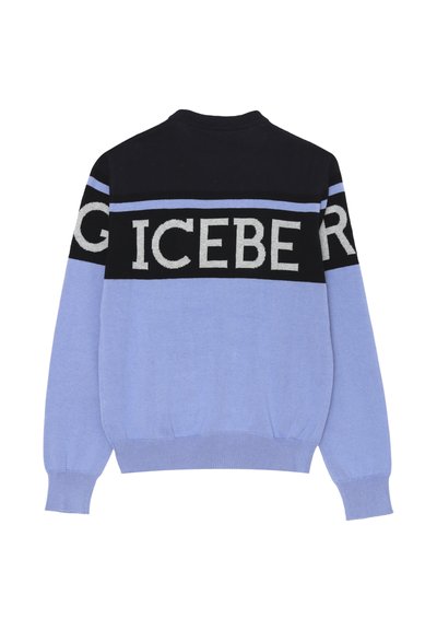 Maglione lavorato a maglia con un design a blocchi di colore nero e blu chiaro. Logo "ICEBERG" in lettere a contrasto sulla parte anteriore. Collo rotondo.