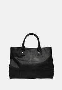 Zwarte leren handtas met twee handvatten, gestructureerde vorm, zilverkleurige hardware-accessoires en twee voorzakken. Gladde textuur, minimalistisch ontwerp.