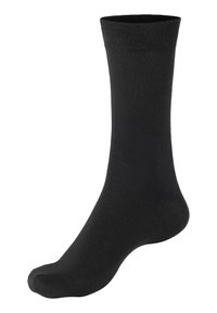 Black cotton crew sock with a ribbed cuff, smooth texture, and a seamless toe design for comfort and fit.