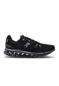 Schwarzer Laufschuh mit einem Mesh-Obermaterial, gepolstertem Sohle und sichtbaren Dämpfungselementen in der Laufsohle zur Stossdämpfung.