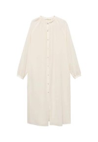 Robe chemise longue de couleur crème, avec un col rond, des manches longues, une fermeture à boutons sur le devant et une silhouette décontractée. Fabriquée dans un tissu doux et fluide.