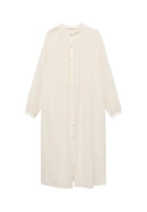 Vestito camicia lungo color crema con scollo rotondo, maniche lunghe, chiusura frontale con bottoni e una silhouette rilassata. Realizzato in tessuto morbido e fluido.