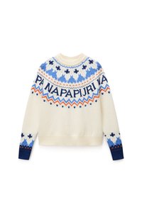 Κρέμα pullover πουλόβερ με στρογγυλή λαιμόκοψη, διαθέτοντας γεωμετρικά σχέδια σε μπλε, πορτοκαλί και ναυτικό χρώμα και το κείμενο "NAPAPIJRI" να εκτίθεται prominently.