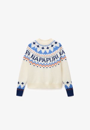 Kreemivärvi pullover-sviiter ümmarguse kaelusega, millel on sinised, oranžid ja tumesinised geomeetrilised mustrid ning silmatorkavalt esitatud tekst "NAPAPIJRI".