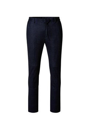 Donkerblauwe slim-fit dress pants met een subtiel ruitpatroon, voorzakken, riemlussen en een trekkoord in de taille.