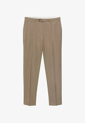 Harmaat housut pehmeästä kankaasta, joissa on suora lahkeellisuus, etutaskut ja yksi nappikiinnitys vyötäröllä.