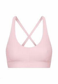 Světle růžová sportovní podprsenka s hladkou texturou, širokými ramínky a designem s křížením na zádech. Obsahuje detail loga na pásku.