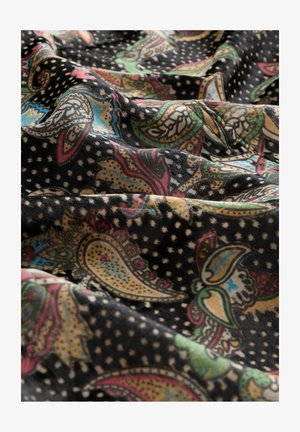 Tissu noir avec un motif à pois présentant des motifs paisley dans des couleurs vives comme le rose, le vert et le bleu. Texture douce avec un aspect drapé.