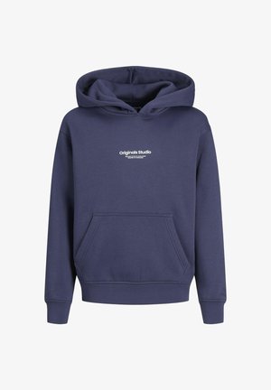 Navy-Hoodie aus weichem Material, mit einer Fronttasche, Kordelzugkapuze und weißem "Originals Studio" Logo auf der Brust.