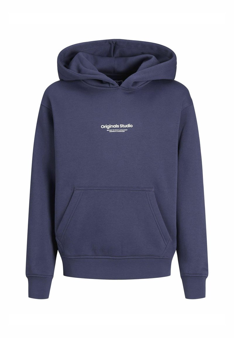 Navy-Hoodie aus weichem Material, mit einer Fronttasche, Kordelzugkapuze und weißem "Originals Studio" Logo auf der Brust.