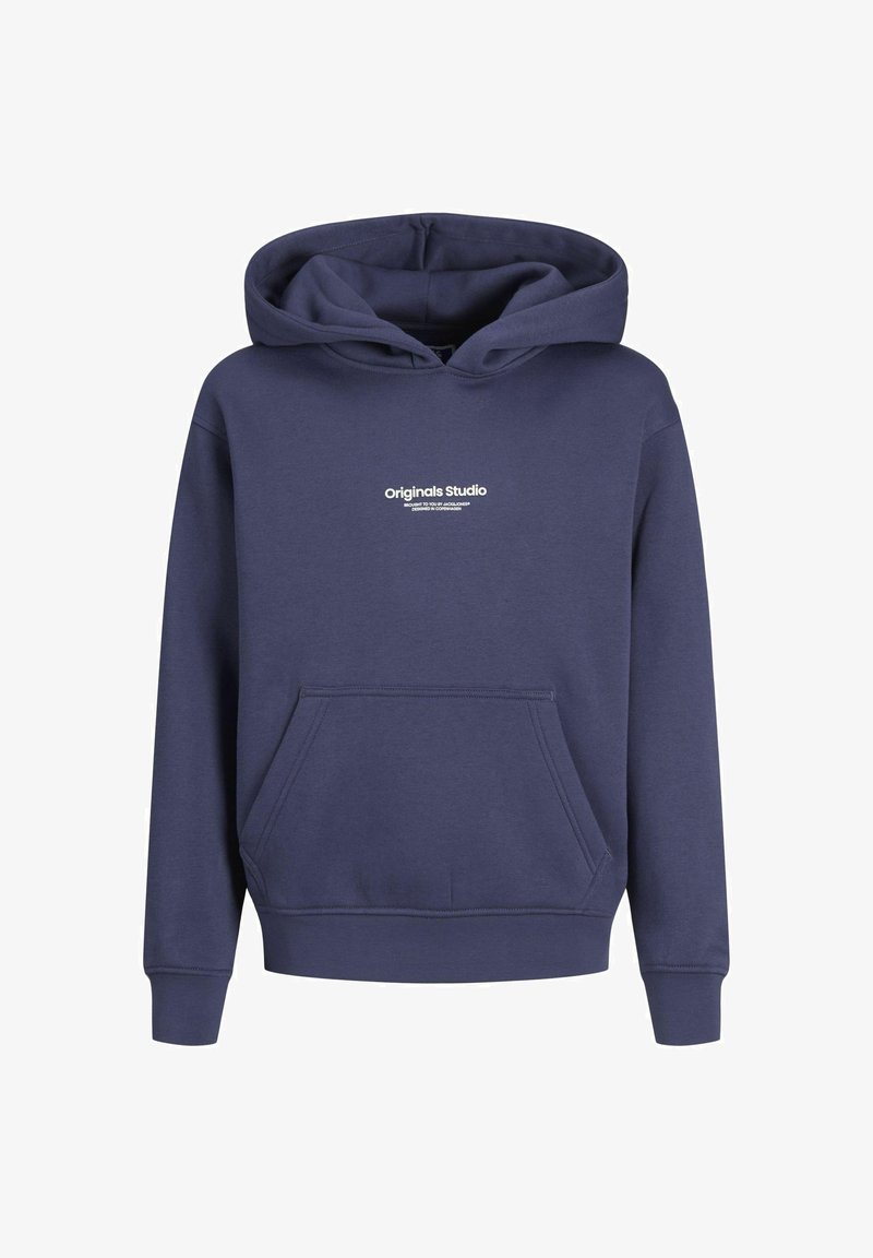 Navy-Hoodie aus weichem Material, mit einer Fronttasche, Kordelzugkapuze und weißem "Originals Studio" Logo auf der Brust.