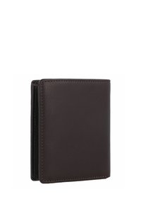 Bruine leren portemonnee met een gladde textuur, dubbele vouwdesign, afgeronde hoeken en zichtbare stiknaden. Compact en minimalistisch van vorm.