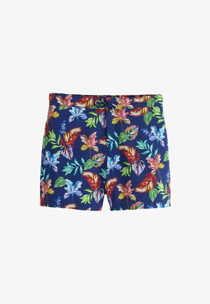 Costume da bagno blu navy con stampa floreale tropicale in rosso, blu, giallo e verde, con vita regolabile con coulisse.