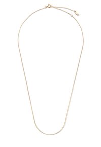 Collier en métal doré avec un design délicat et fin. Présente un fermoir à bascule et des options de longueur réglable.