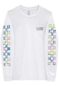 Camisa blanca de manga larga con el logo "VANS" en impresión multicolor. Patrón de cuadros coloridos a lo largo de las mangas con acentos en azul, rosa y amarillo.