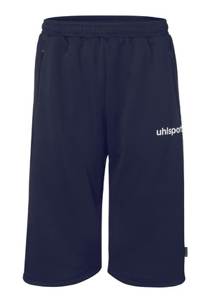 Sportieve shorts in marineblauw met elastische tailleband, zijzakken en een wit Uhlsport-logo op het rechterbeen.