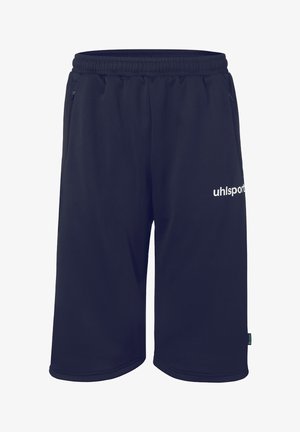 Shorts de sport bleu marine avec ceinture élastique, poches latérales et logo blanc Uhlsport sur la jambe droite.