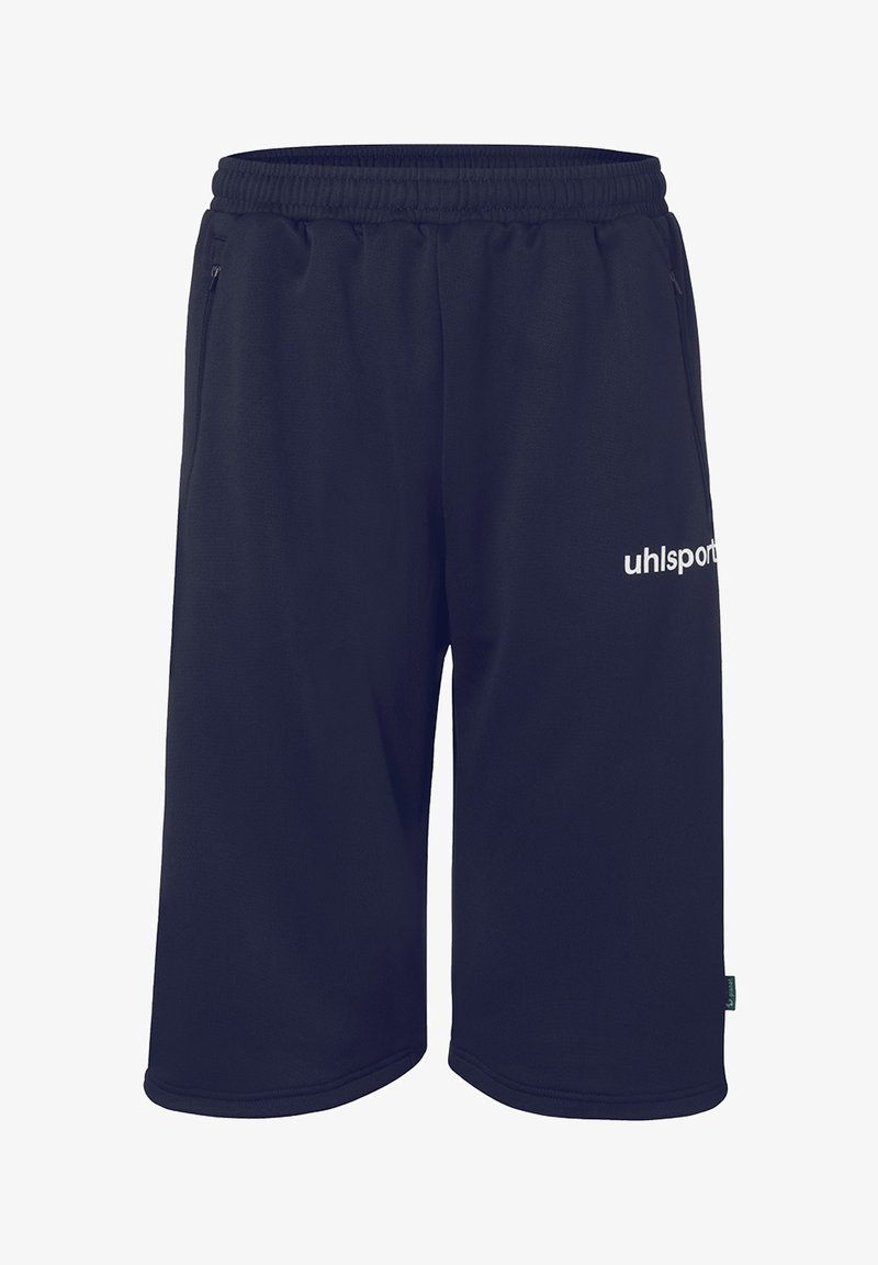 Sportieve shorts in marineblauw met elastische tailleband, zijzakken en een wit Uhlsport-logo op het rechterbeen.