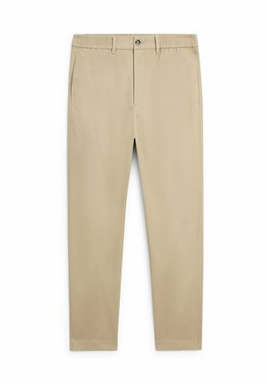 Beige straight-leg trousers with elastic waistband, button closure, and two side pockets, displayed flat on a white background.