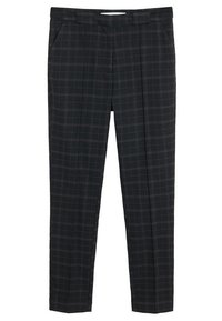 Pantalon à carreaux noirs avec une coupe slim, présentant une texture lisse, des poches avant et une coupe sur mesure. Motif quadrillé notable en gris et blanc.