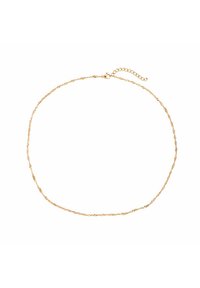 Gold-tone twisted chain necklace with a delicate texture, featuring a clasp closure and an adjustable extension chain for size adjustment.