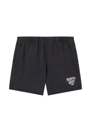 Pantalones cortos casuales negros con cintura elástica y bolsillos laterales, con texto blanco "NORTH WEST" en la parte inferior de la pierna derecha.
