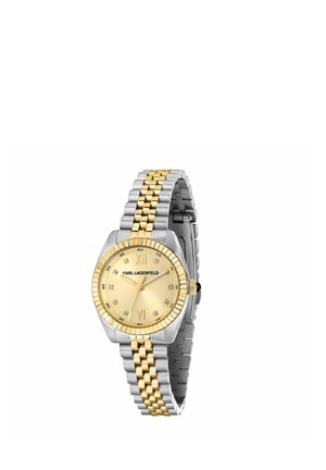 Orologio da polso bicolore argento e oro con quadrante dorato, numeri romani a ore 12 e 6, indici in cristallo e tre lancette, marchio Karl Lagerfeld.