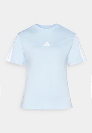 Gaiši zils kokvilnas T-krekls ar īsām piedurknēm, ar baltu Adidas logo un trim baltām svītrām uz katras pleca. Gluda auduma struktūra.