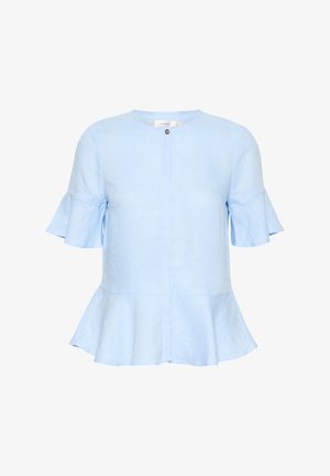 Lichtblauwe kortemouwen blouse met een peplum zoom. Beschikt over een ronde hals en een enkele knoopsluiting aan de voorkant. Gemaakt van lichtgewicht stof.