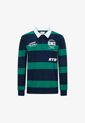 Marineblauwe en groene gestreepte polo met lange mouwen en een witte kraag, met de tekst "BEREIK NIEUWE DOELEN" en het logo "ONE" aan de voorkant.
