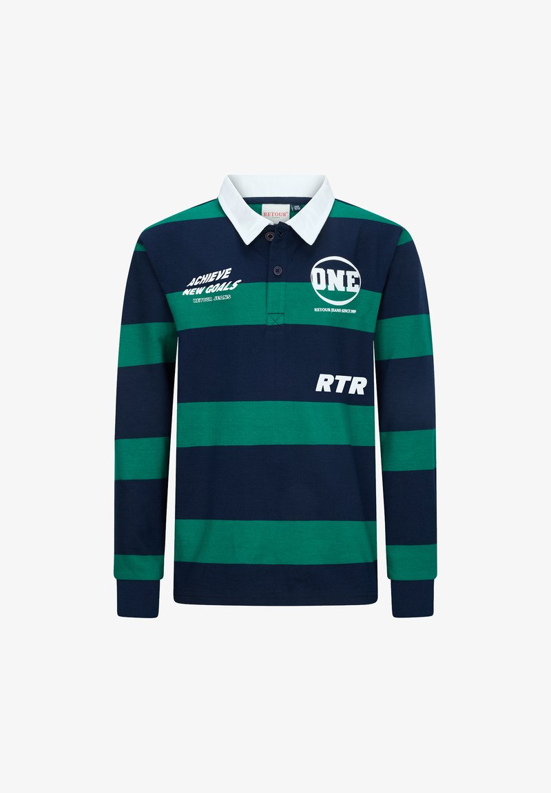 Marineblau und grün gestreiftes Langarm-Polohemd mit weißem Kragen, auf der Vorderseite mit dem Text "NEUE ZIELE ERREICHEN" und dem Logo "EINS".