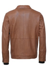 Braune Lederjacke mit glatter Textur, Stehkragen, seitlichen Reißverschlusstaschen und gerippten Bündchen. Verfügt über klare Linien und eine taillierte Passform.