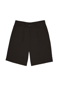 Black shorts made from a smooth fabric, featuring a single front button, pleats, and side pockets, designed for a relaxed fit.