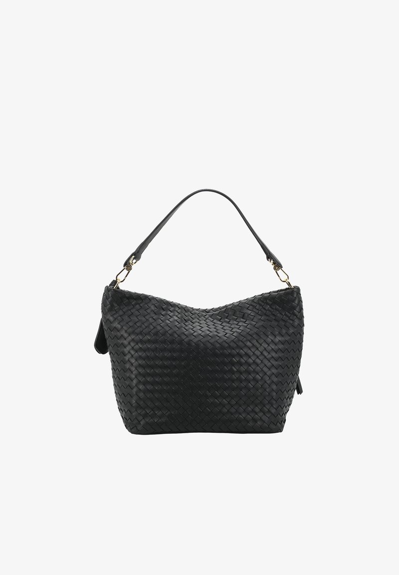 Schwarze gewebte Lederschultertasche mit einem einzelnen Riemen und goldfarbenen Beschlägen vor weißem Hintergrund.